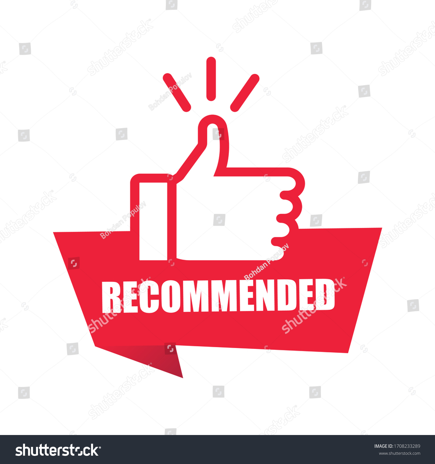 Red banner recommended with thumbs up. Sticker ribbon thumb up on white background. Vector illustration EPS10. #1708233289