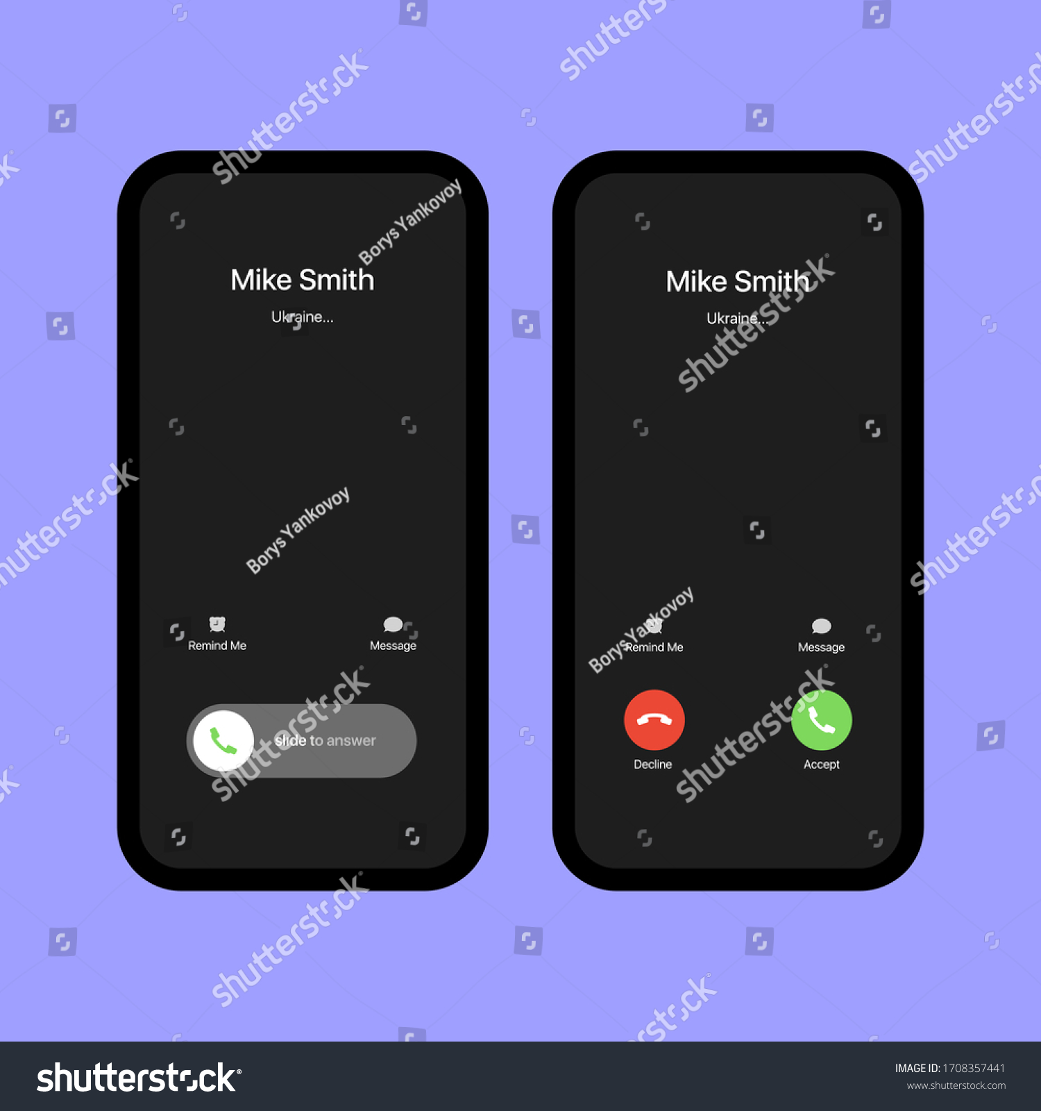 iPhone Call Screen Set. Interface. Slide To Answer. Accept Button, Decline Button. Incoming Call. iPhone iOS Call Screen Template. Smartphone, Phone Call Screen Vector Mockup On Violet Background #1708357441
