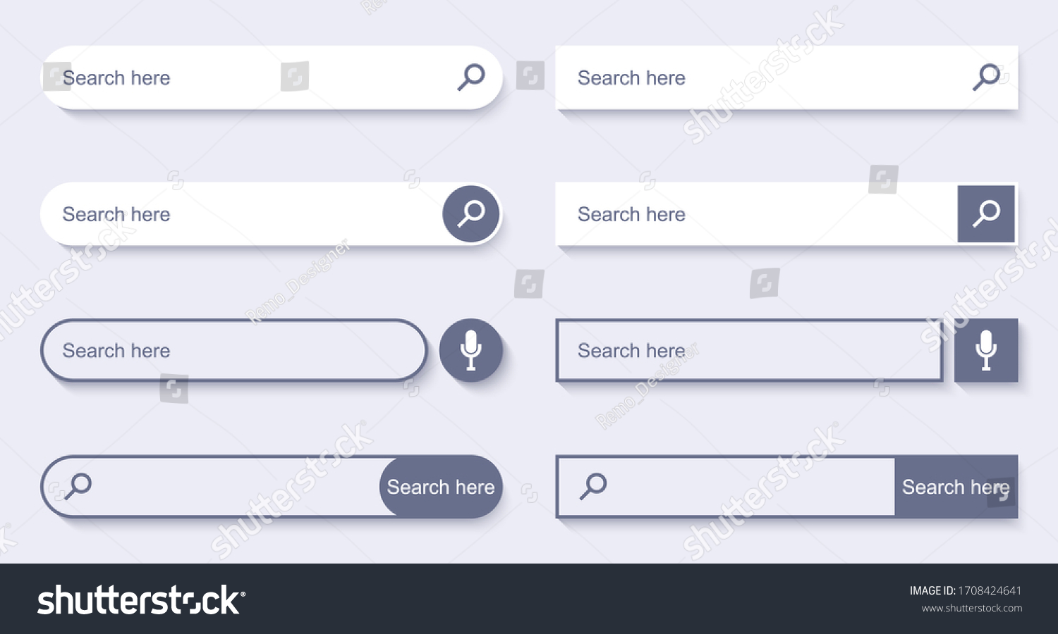 Search Bar for UI design. Set of elements for design interface of website. Search form with shadow. Navigation bar web icons. Vector illustration. #1708424641