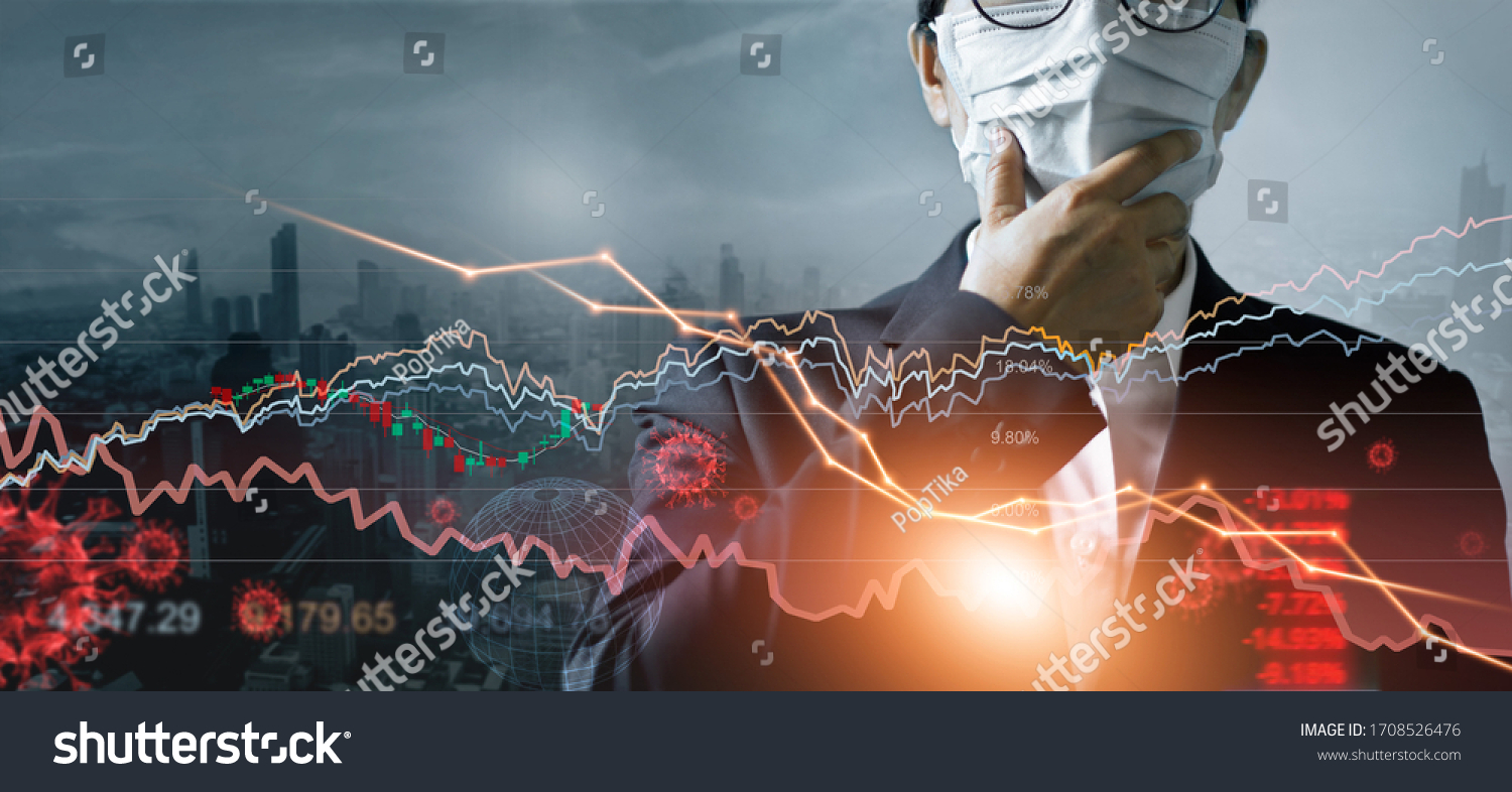 Economy crisis, Businessman with mask, Analysis corona virus economic impact, Crisis business and market financial conditions in the global Effects of outbreak and pandemic covid-19, Stocks fall.  #1708526476