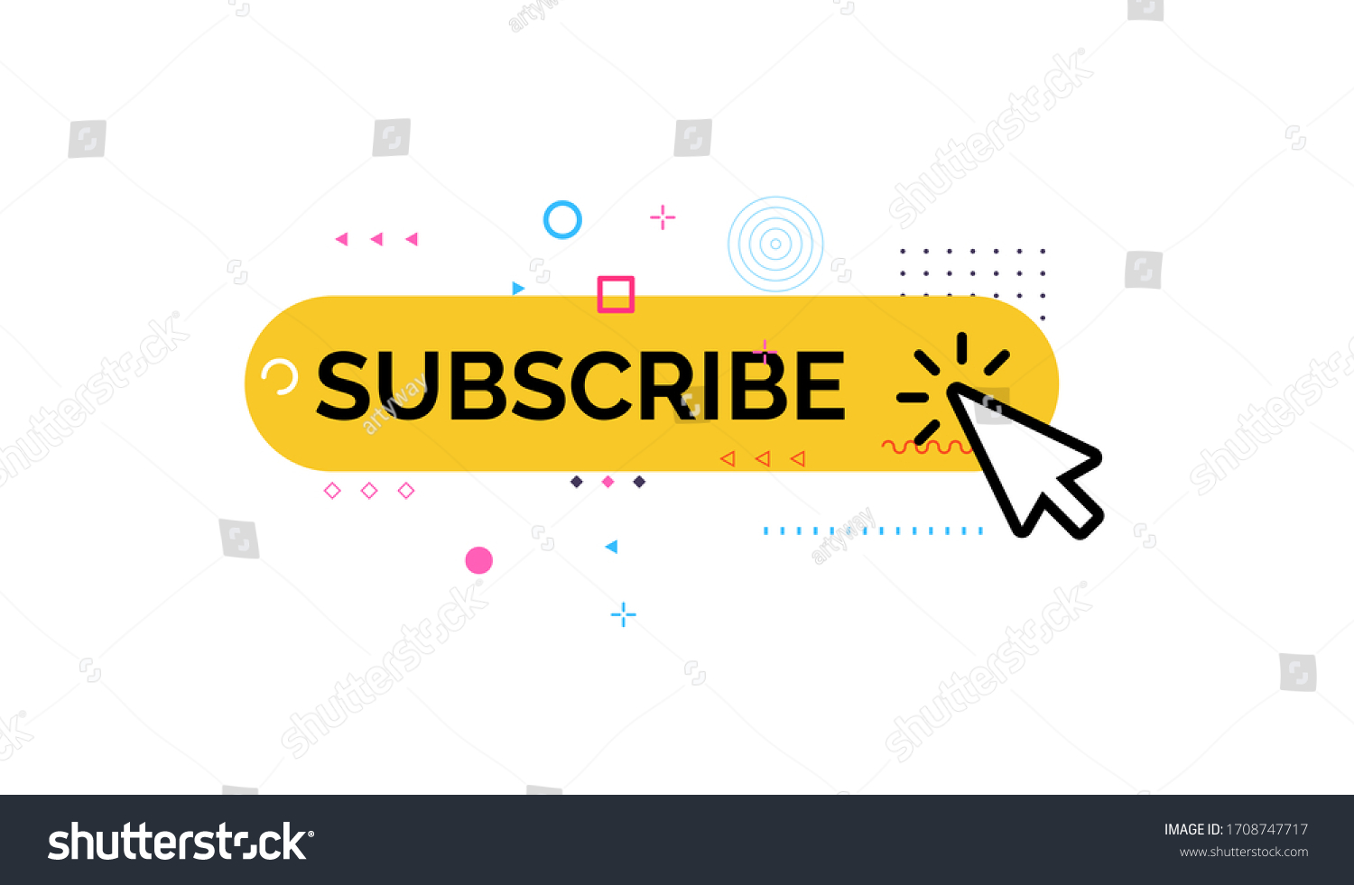 Button of subscribe, funny and colorful style icon. Media Channel Subscription, click on yellow button with geometric design element. Vector illustration. #1708747717