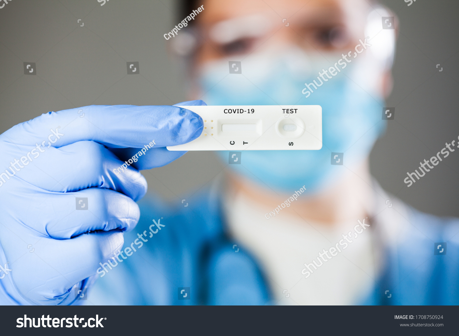 COVID-19 virus disease diagnostic,doctor holding Coronavirus test cassette,rapid strep (RST) kit,quick antigen detection testing (RADT),patient fast swab antibody specimen sample illustration concept #1708750924