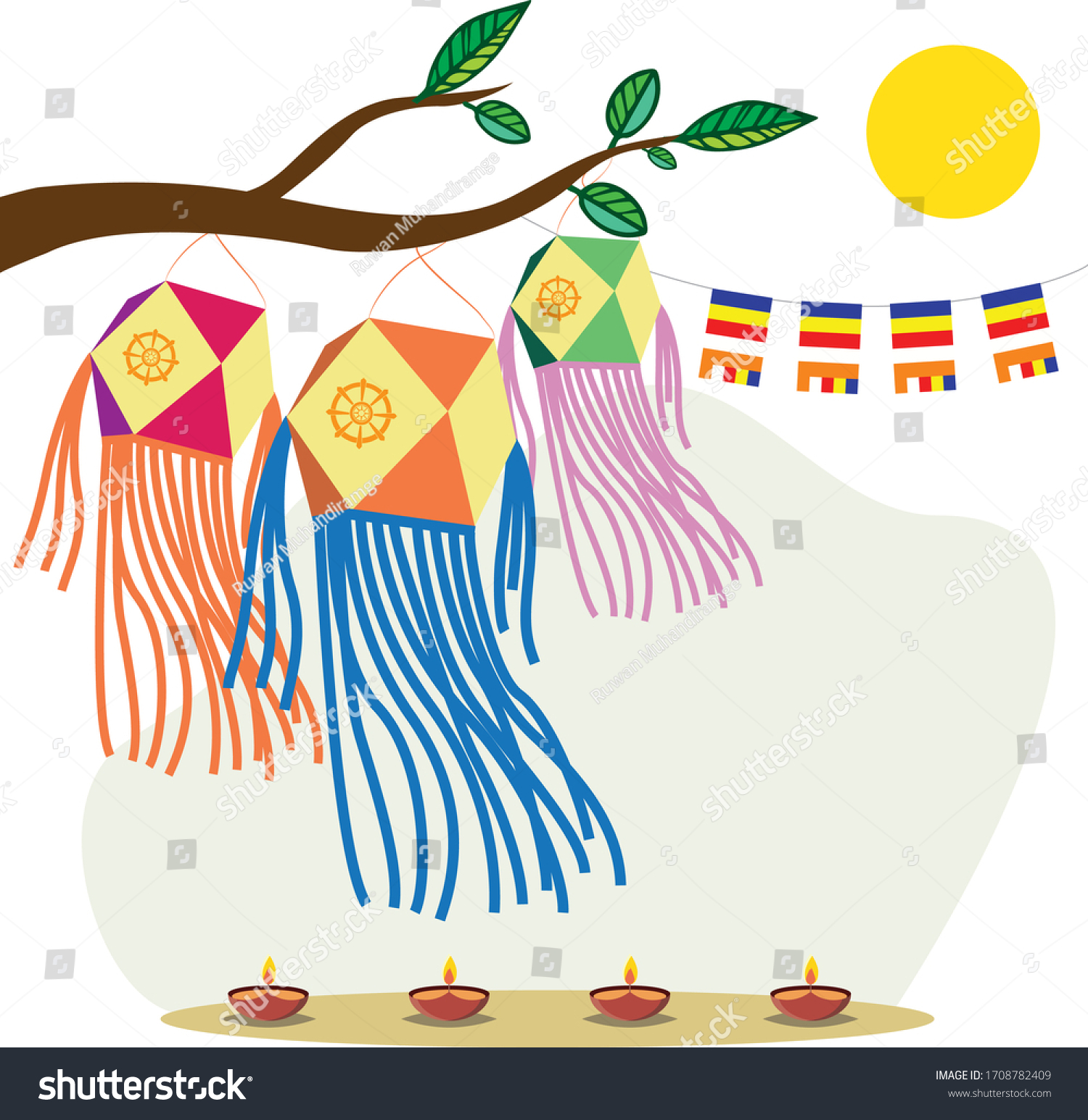 Vesak Lanterns, Vesak Moon, Buddhist flag and - Royalty Free Stock ...