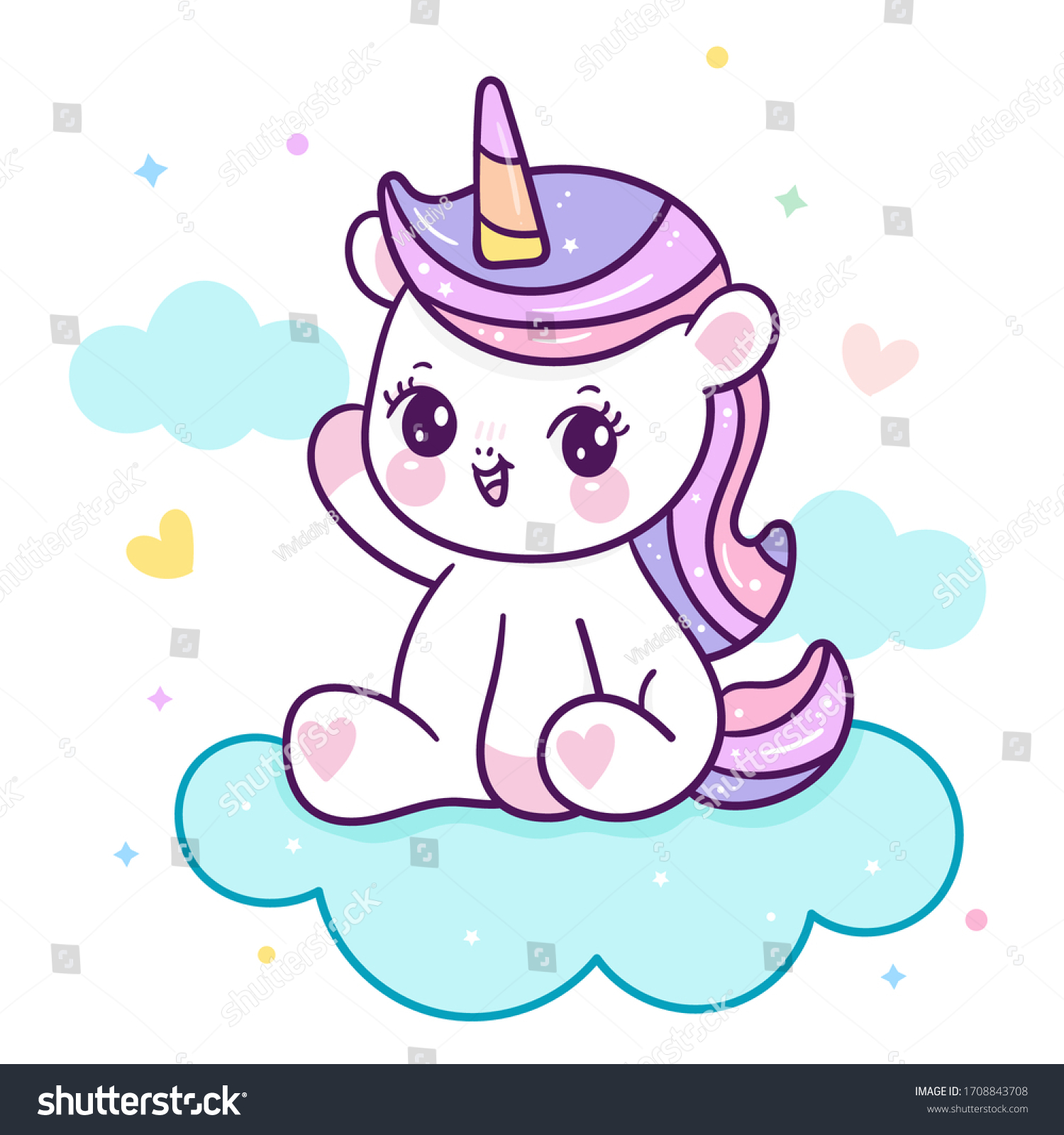 Cute Unicorn vector pony child cartoon on cloud - Royalty Free Stock ...