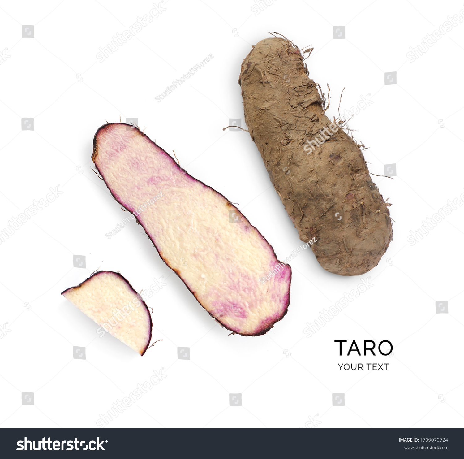 Creative layout made of taro on the white background. Flat lay. Macro  concept. #1709079724
