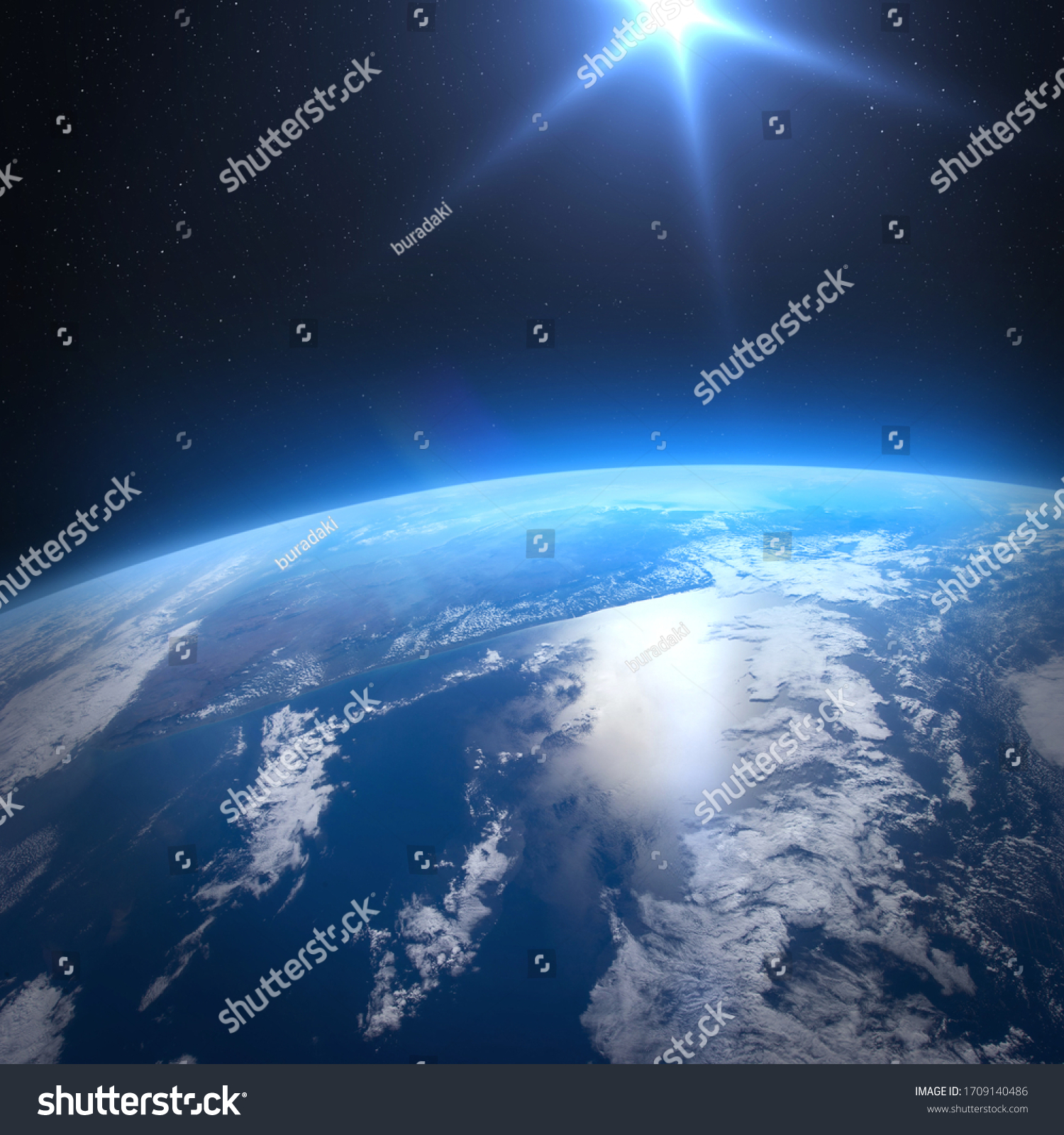Planet Earth with a spectacular sunrise.Planet Earth and Sun rising, view from space. Elements of this image furnished by NASA. #1709140486