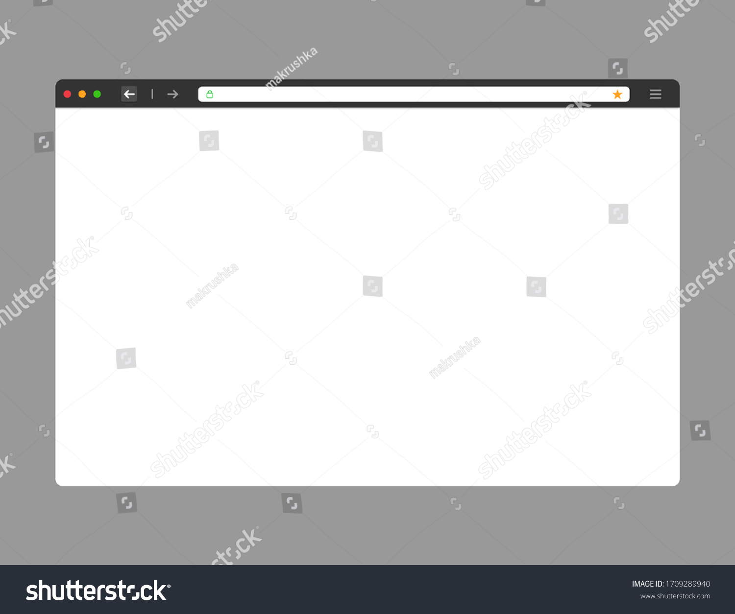 Web browser mockup in dark modern flat design. Website page of computer with green lock and favorites icon. Isolated internet template of browser. Vector EPS 10. #1709289940