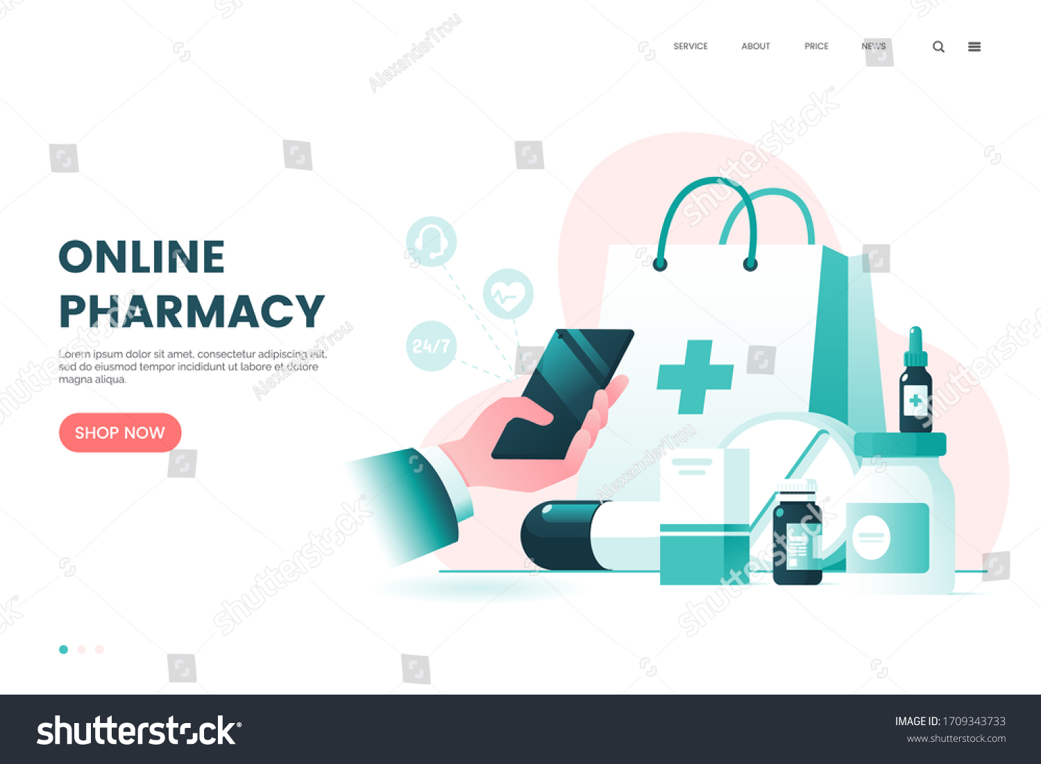 Online pharmacy flat illustration. Medicine ordering mobile app. Medical supplies, bottles liquids and pills. Drug store web page concept. Vector eps 10. #1709343733