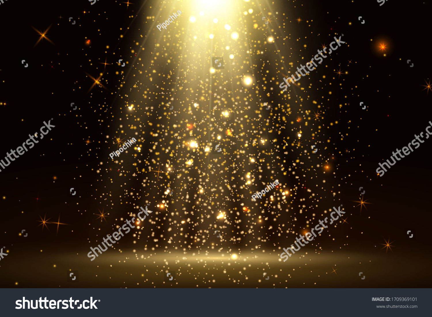 Stage light and golden glitter lights effect with gold rays, beams and falling glittering dust on floor. Abstract gold background for display your product. Shiny spotlight or stage. vector. #1709369101