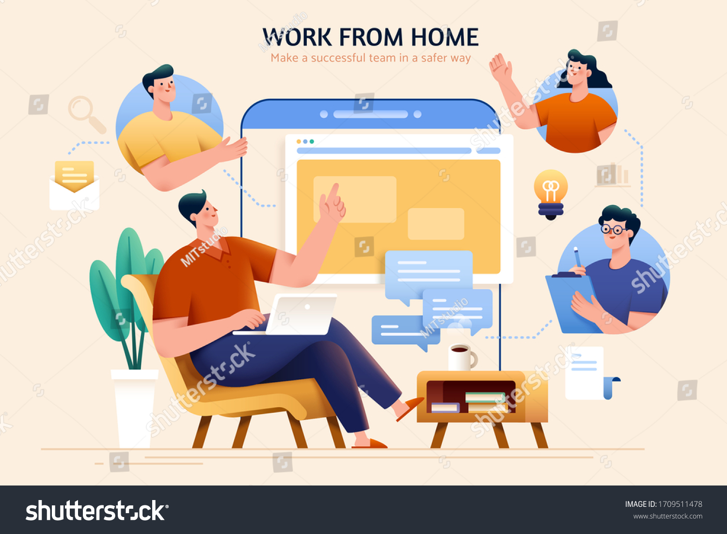 Concept of telecommuting and work from home, designed with a team discussing wonderful ideas through online meeting and maintaining their productivity #1709511478