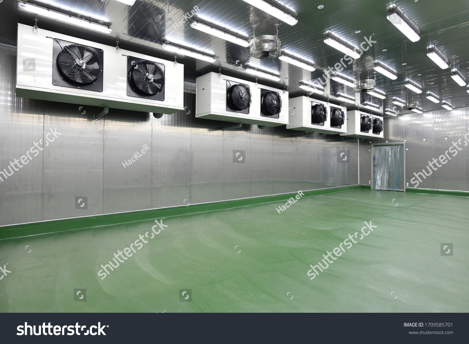 Newly cold storage room with refrigerator machine in the production line at the factory #1709585701