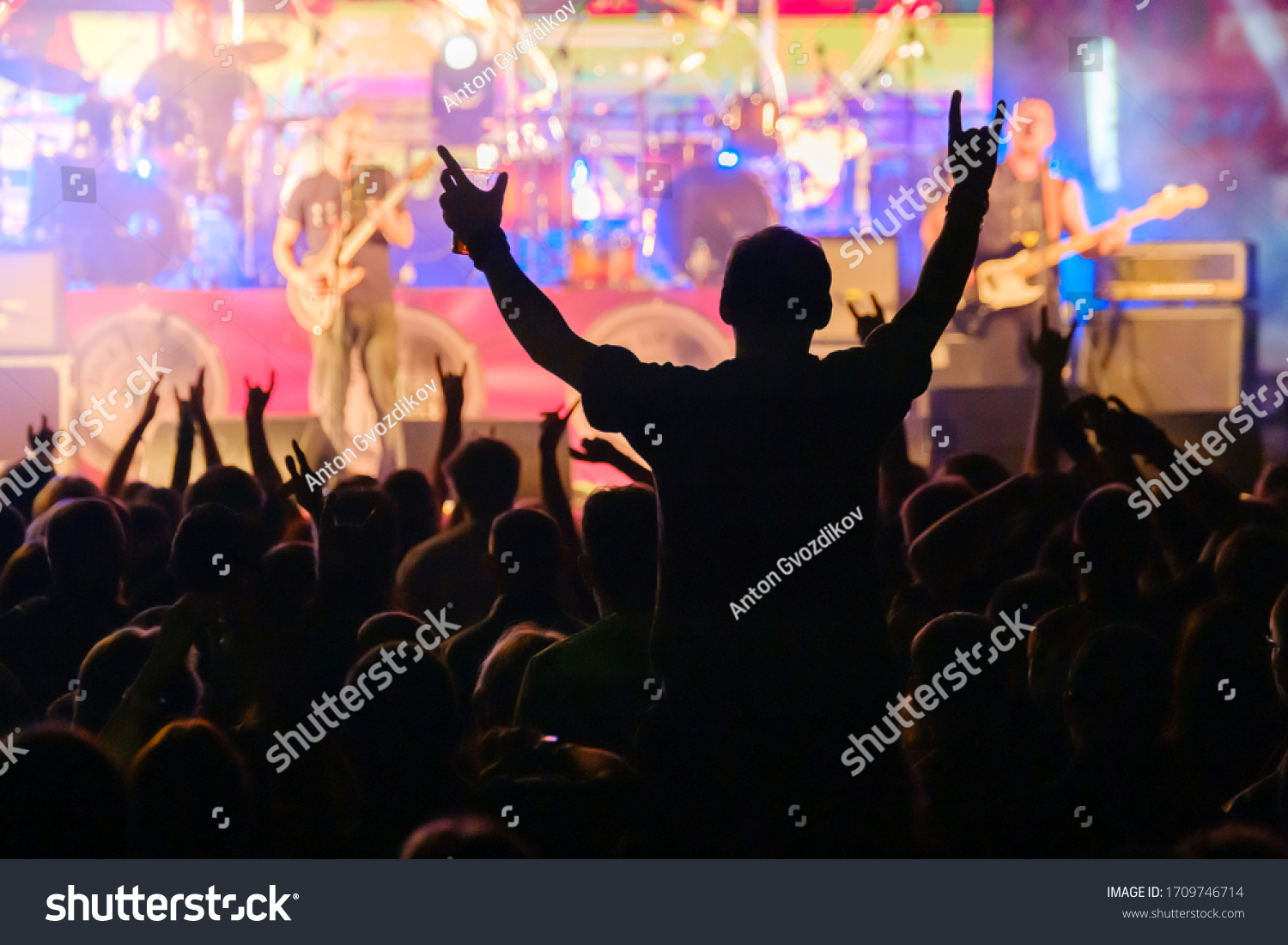 Fans at live rock music concert cheering musicians on stage, back view #1709746714