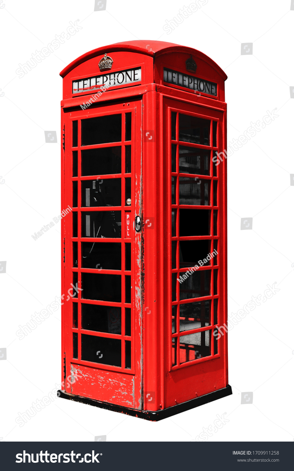 Red telephone box in London isolated on white background #1709911258