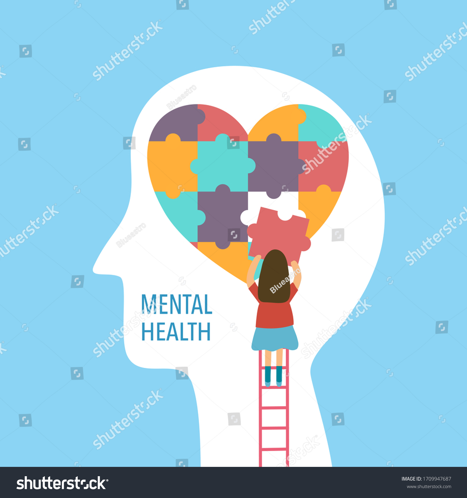 Mental health concept vector illustration. A girl making heart jigsaw in brain. World mental health day. Psychological therapy and treatment flat design. #1709947687