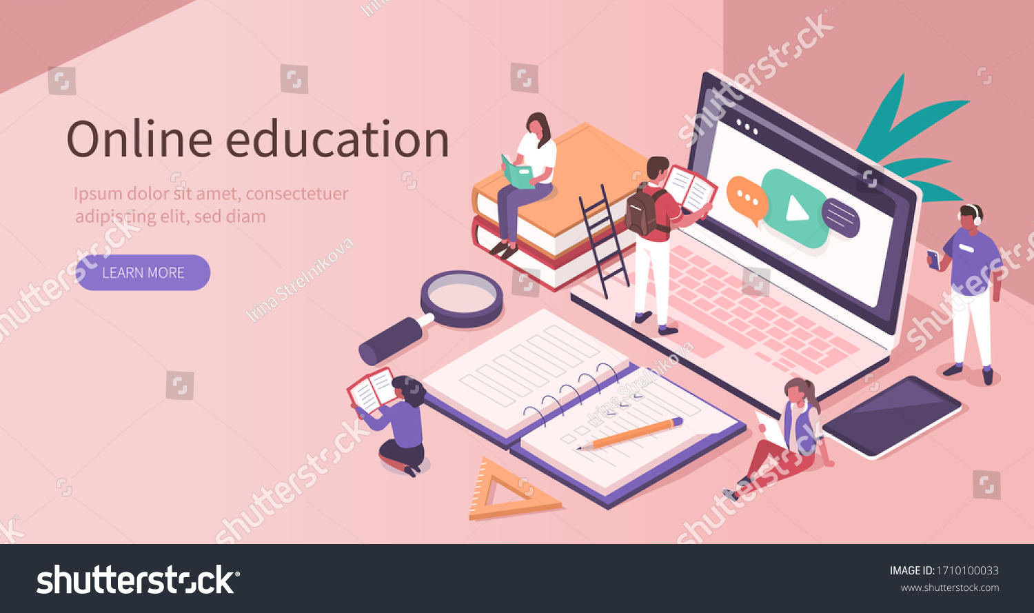 Students Learning Online at Home. People Characters  Looking at Laptop and Studying with Smartphone, Books and Exercise Books. Online Education Concept. Flat Isometric Vector  Illustration. #1710100033