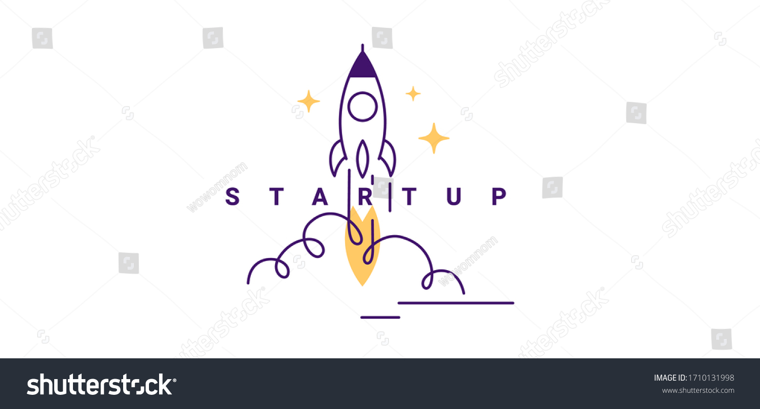 Vector creative business illustration of fly up spaceship and word startup on white color background with cloud. Flat line art cartoon style idea design for startup web banner, poster, print #1710131998