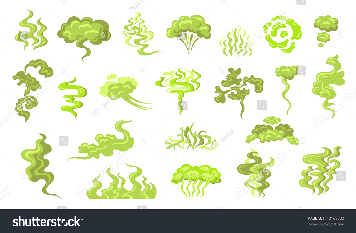 Smelling smoke flat icon kit. Cartoon bad odor cloud, green stinky aroma and dirt toxic steam vector illustration set. Smell breath and stink fart stench concept #1710168202