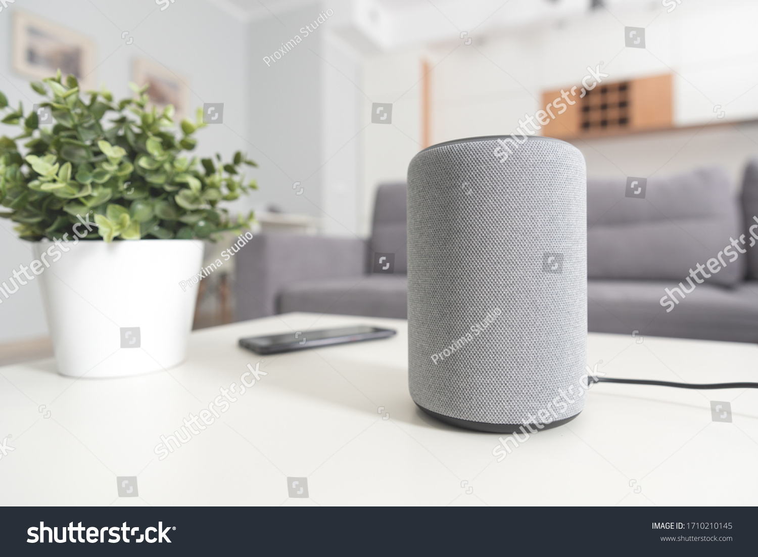 Smart speaker device in living room. Intelligent assistant in smart home system. #1710210145