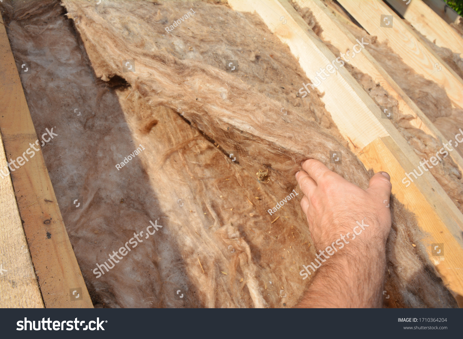 A bad example, mistake of a building contractor applying thermal mineral, glass wool batt insulation without protective gloves under the roof sheathing, between trusses constructing the roof. #1710364204
