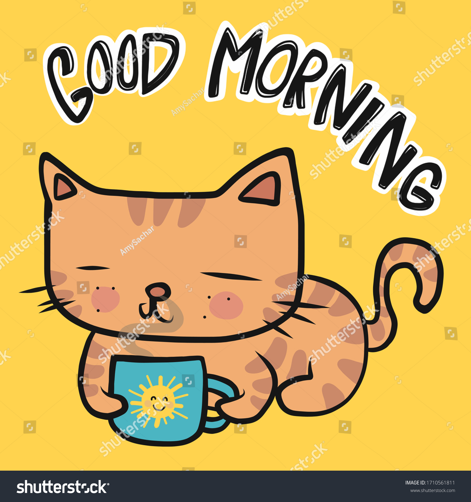 Orange tabby cat with good morning coffee cup - Royalty Free Stock ...