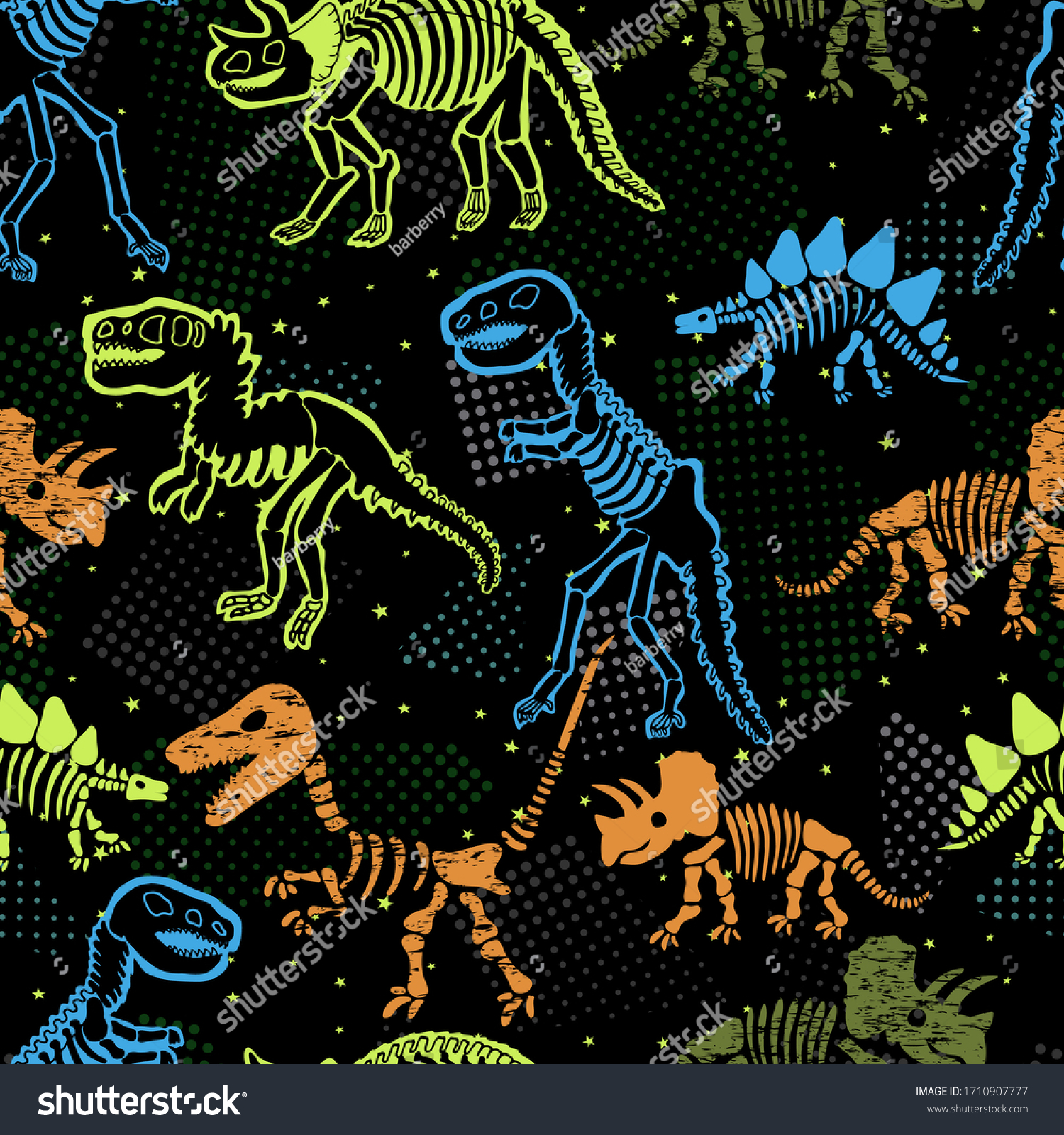 Dinosaur skeleton. Vector seamless pattern. Original design with dinosaur bones. Black background with dots. Desing for textile, clothes. #1710907777