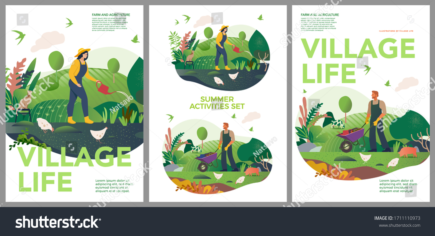Vector spring and summer posters set. Happy Spring and summer. Farm and agriculture. Vector cute illustrations of village life and objects for poster, banner or postcard. #1711110973