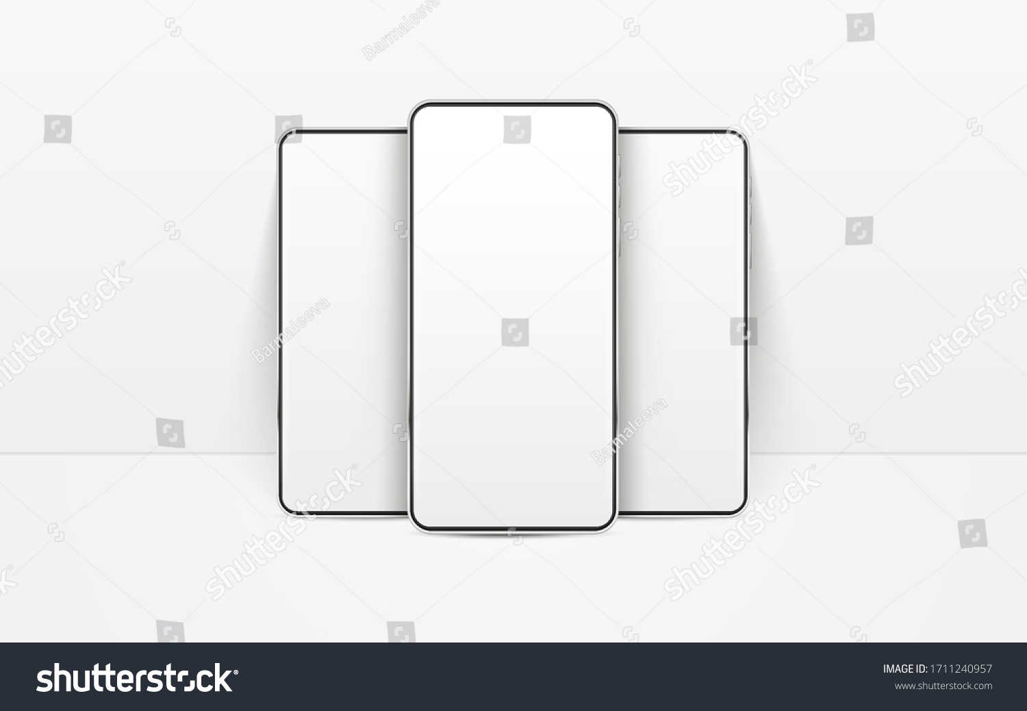 White realistic smartphones vector mockup. 3d mobile phones with blank white screen. Modern cell phones template on white background. Illustration of device 3d screen #1711240957