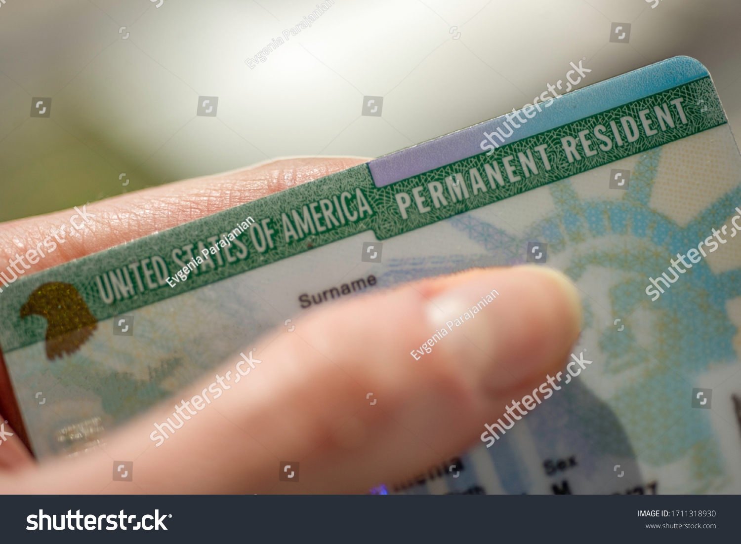 Close up view of Permanent resident card (Green) card of USA on blurred background. 