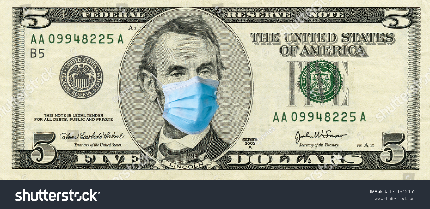 Five dollar bill with medical face mask on Abraham Lincoln #1711345465