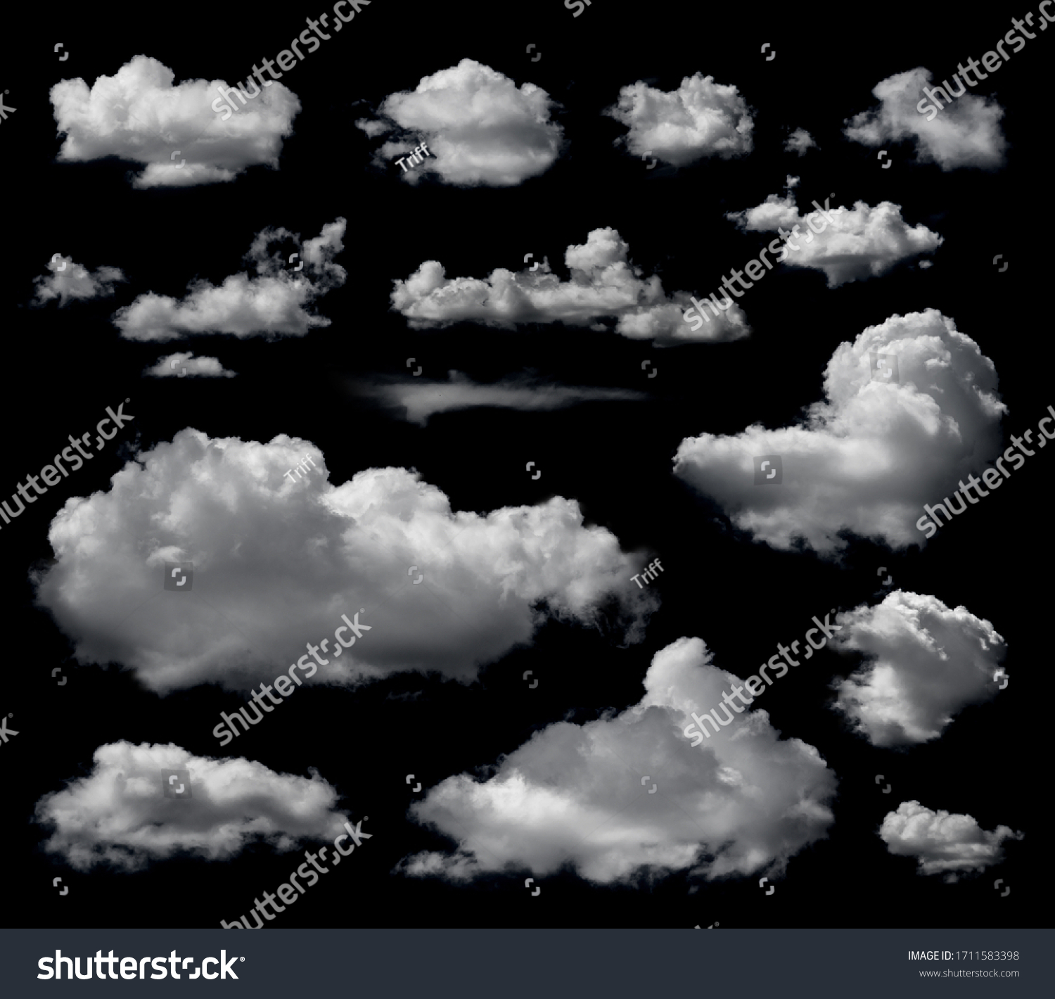 Clouds set isolated on black background. White cloudiness, mist or smog background.  #1711583398