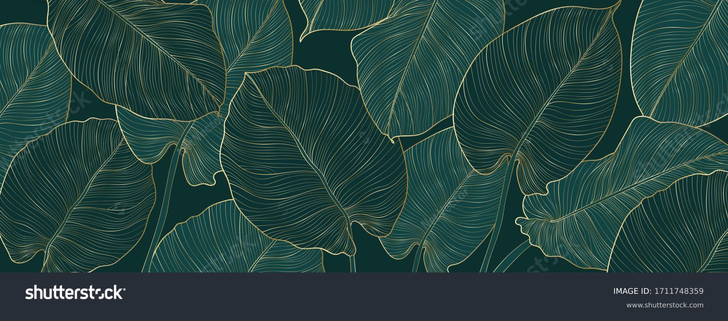 Luxury gold and nature green background vector. Floral pattern, Golden split-leaf Philodendron plant with monstera plant line arts, Vector illustration. #1711748359