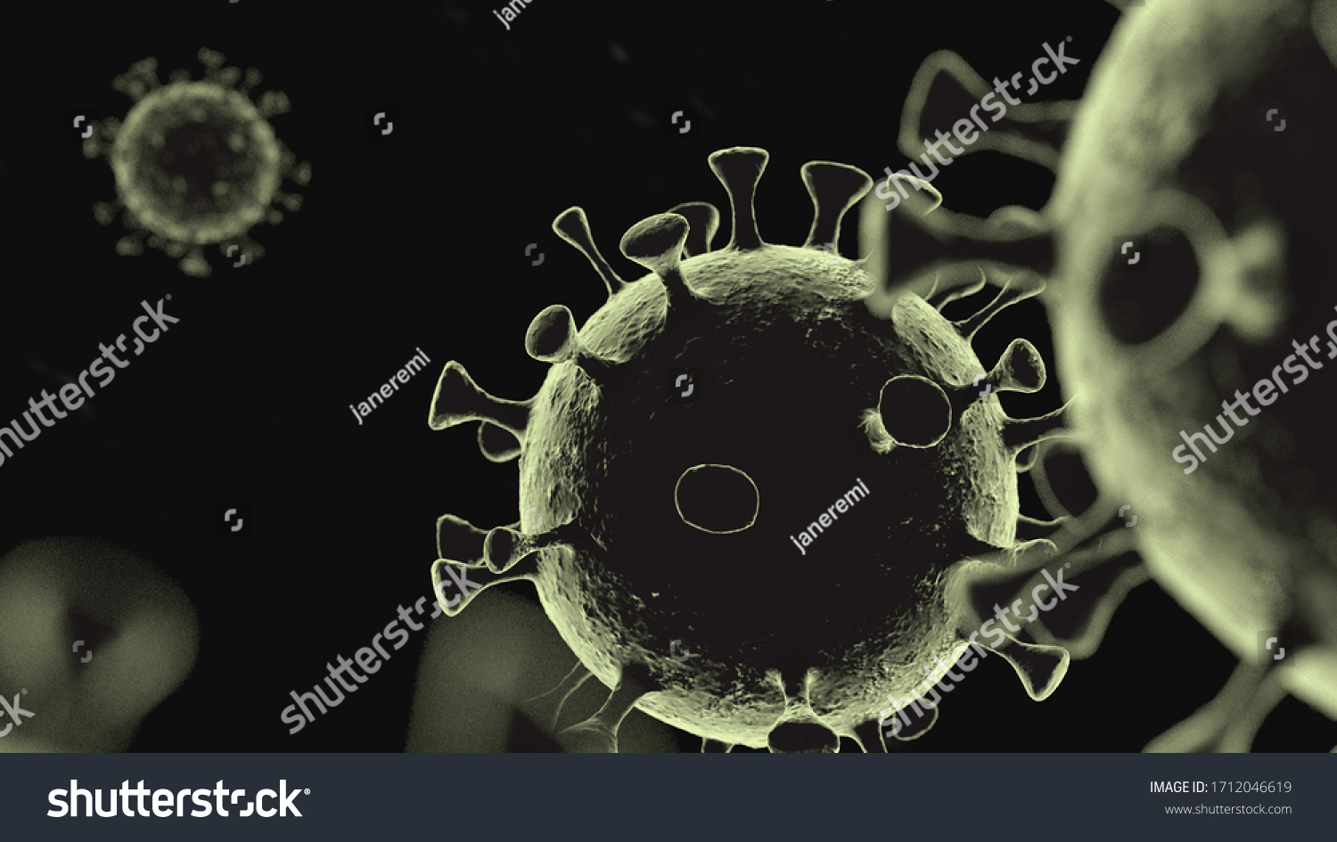 Covid-19, coronavirus outbreak. Microscopic view of floating influenza virus cells. Dangerous asian ncov corona virus, SARS pandemic risk concept. Microscope virus close up. 3d rendering. #1712046619