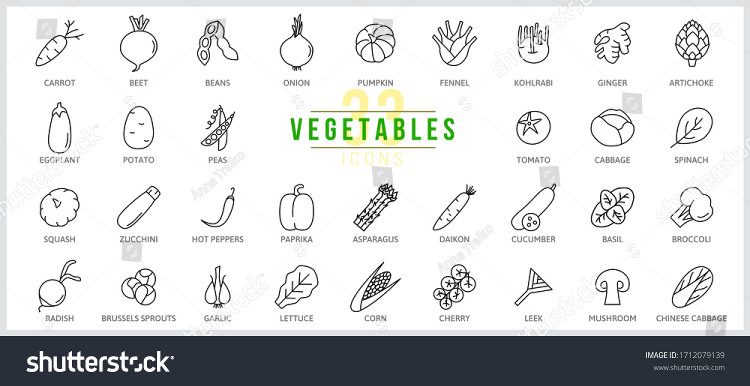 Set of icons vegetables. Outline illustration vector. Pictogram for web page, mobile app, promo. UI UX GUI design element. Editable stroke. Vector. #1712079139