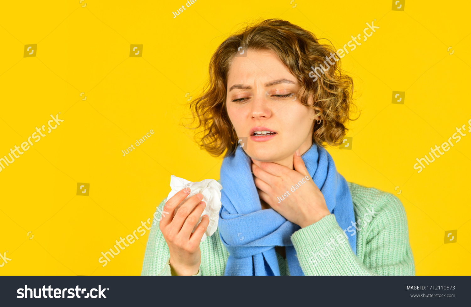 runny nose caused by illness. ill with laryngitis. Acute respiratory viral. sick girl with runny nose. influenza infection and pneumonia. Coronavirus outbreak concept. Symptoms of disease. copy space. #1712110573
