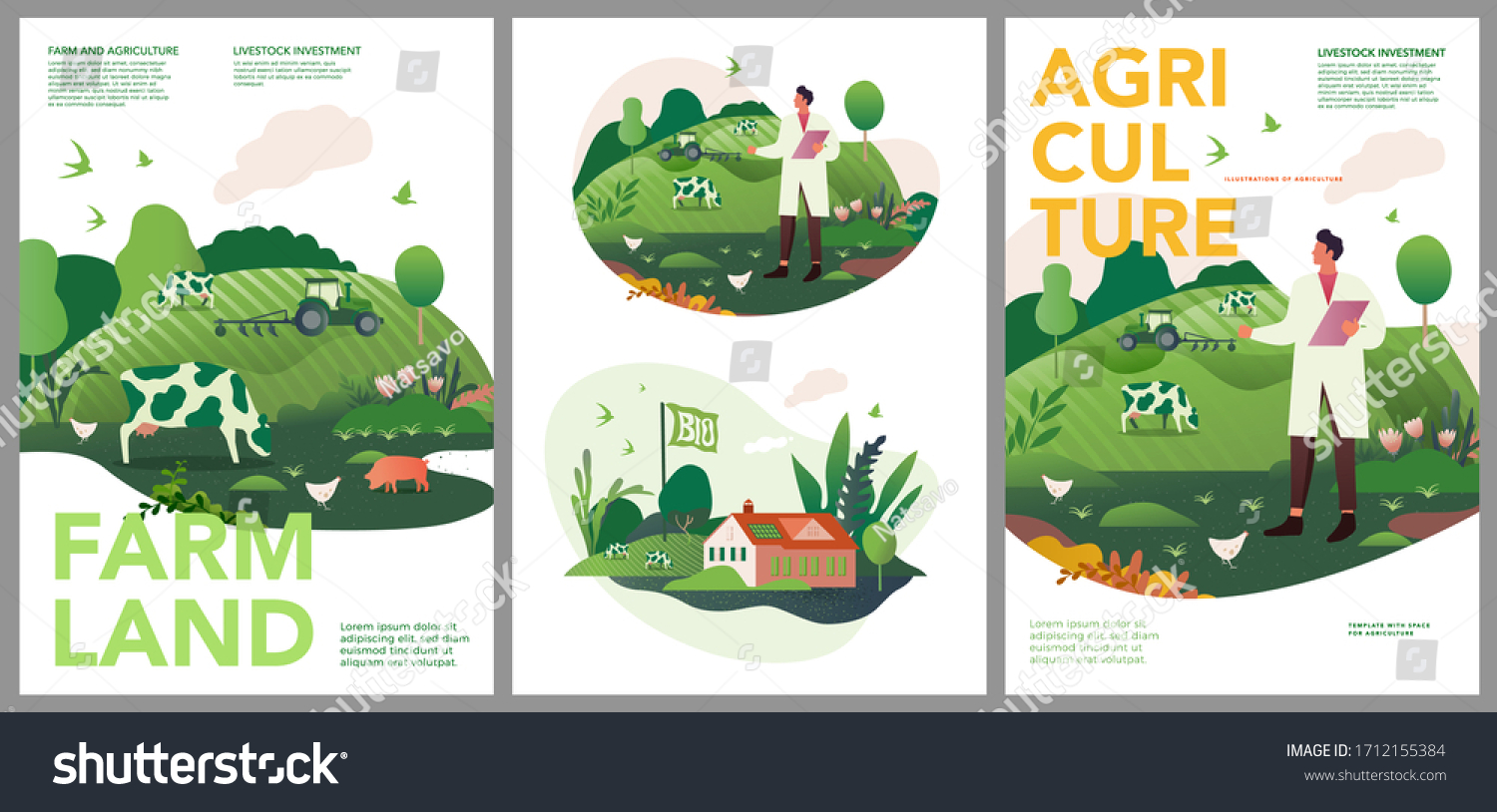 Vector set of spring and summer posters. Investments in animal husbandry, technologies and agribusiness development. Illustrations of farms and objects agronomy for a poster, banner, or postcard. #1712155384