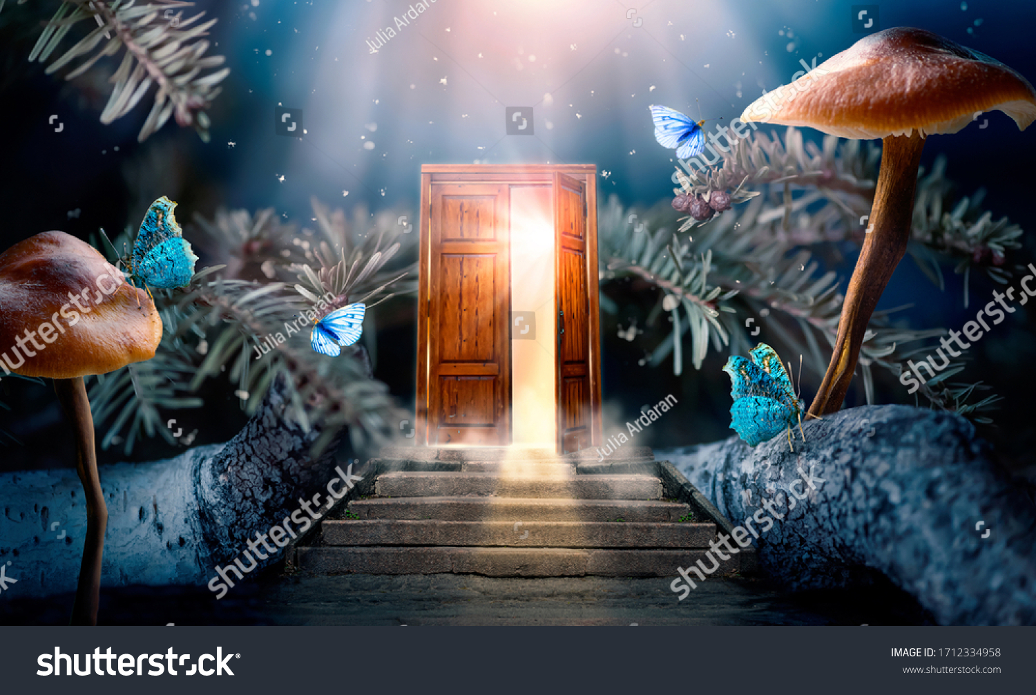 Fantasy enchanted fairy tale forest with magical opening secret wooden door and stairs leading to mystical shine light outside the gate, mushrooms, rays and flying fairytale magic butterflies in woods #1712334958