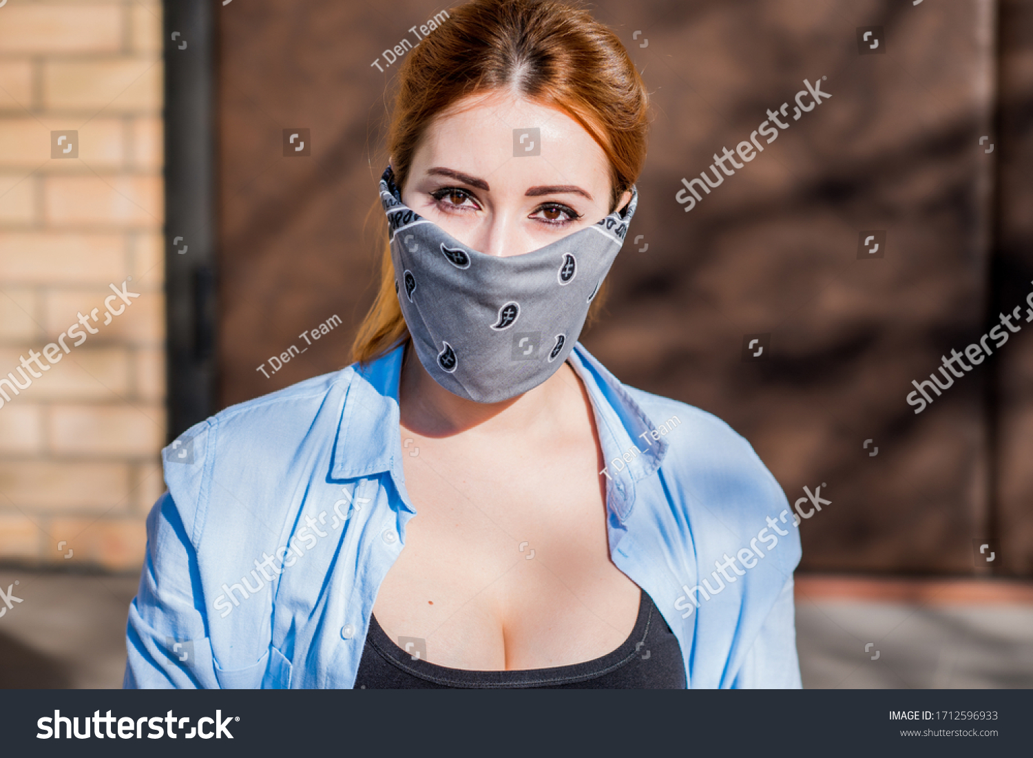 Young woman in fashionable homemade mask, scarf on her face, stop virus, save yourself, modern lifestyle #1712596933