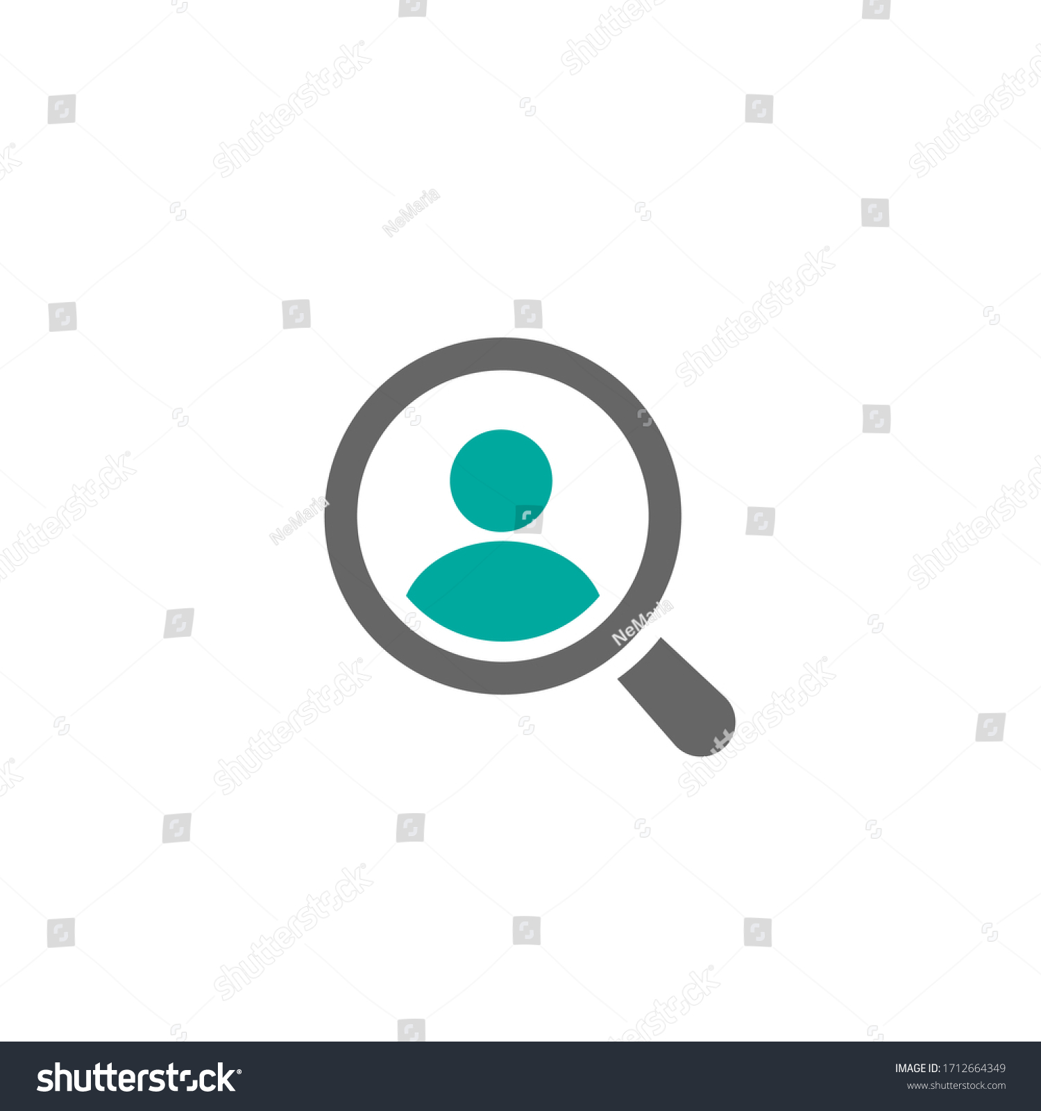 Recruitment icon. Magnifier with human  isolated on white. Magnifying glass icon. Find people, human research. Vector illustration. know your customer icon flat pictogram. #1712664349