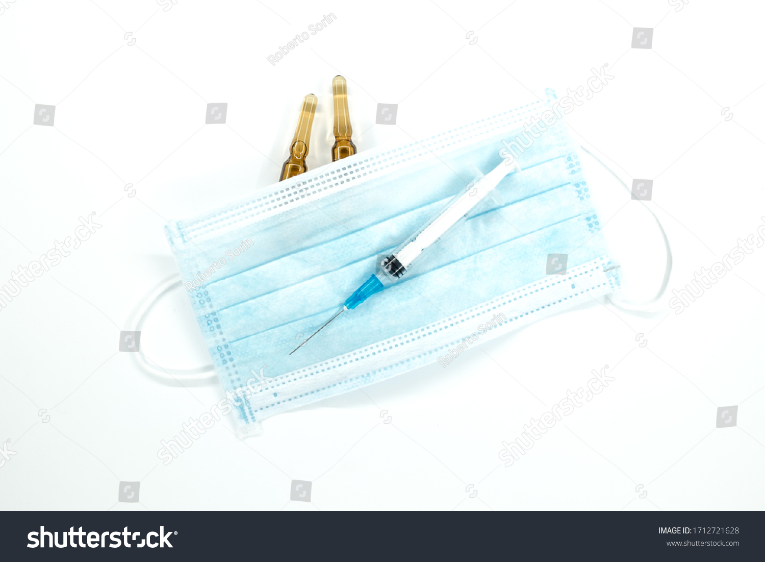 syringe with needle, two ampoules and corona virus mask #1712721628