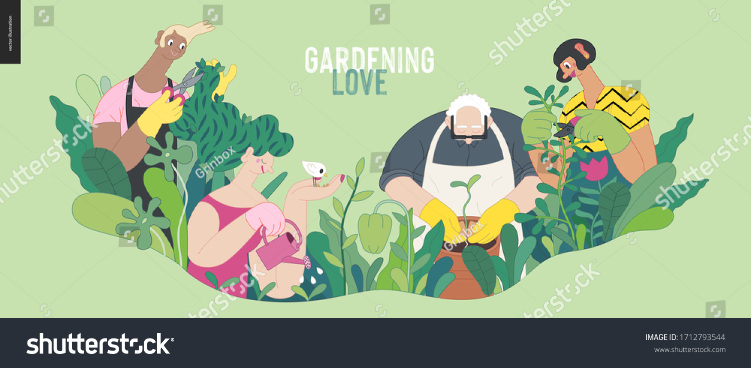 Gardening people, spring - modern flat vector concept illustration of people in the garden wearing aprons and gloves, gardening, watering, planting, cutting branches. Spring gardening concept #1712793544