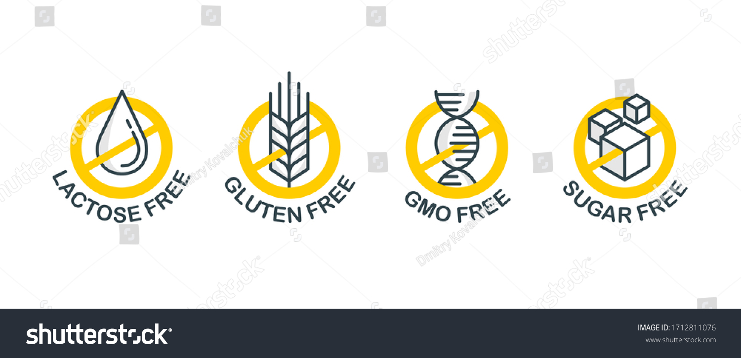 Lactose free sign, Sugar free, Gluten free, GMO free - set of vector attention tags - food packaging decoration element for healthy natural organic nutrition #1712811076