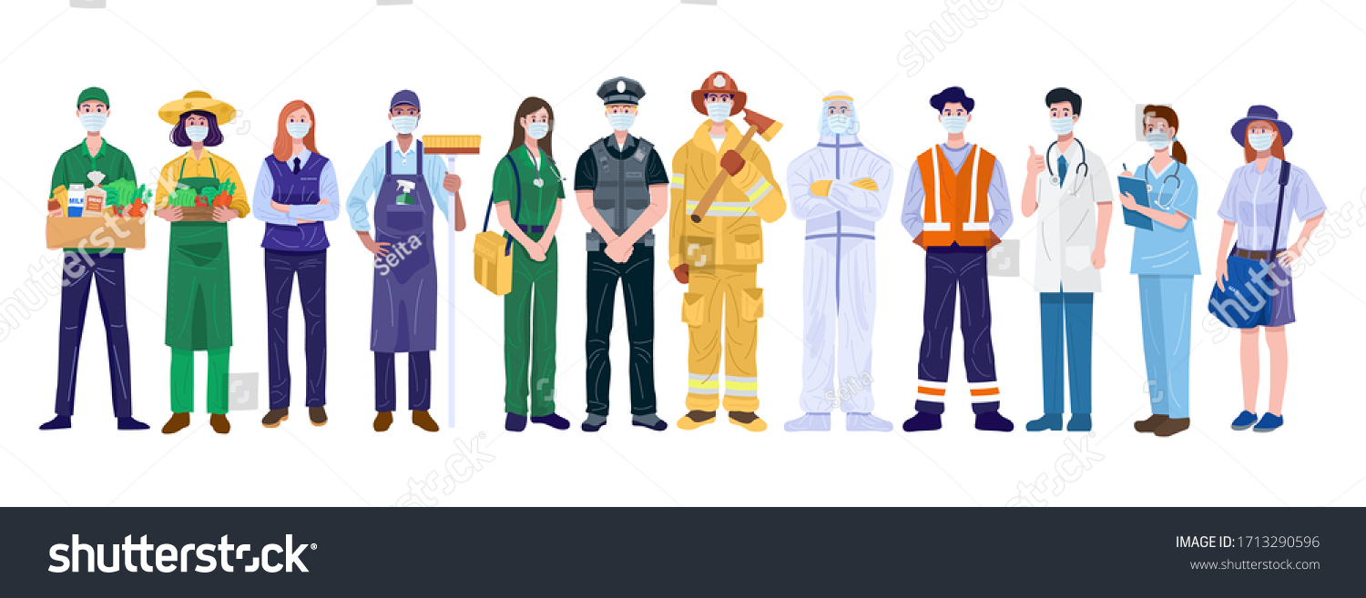 Thank You Essential Workers Concept. Various occupations people wearing face masks. Vector #1713290596