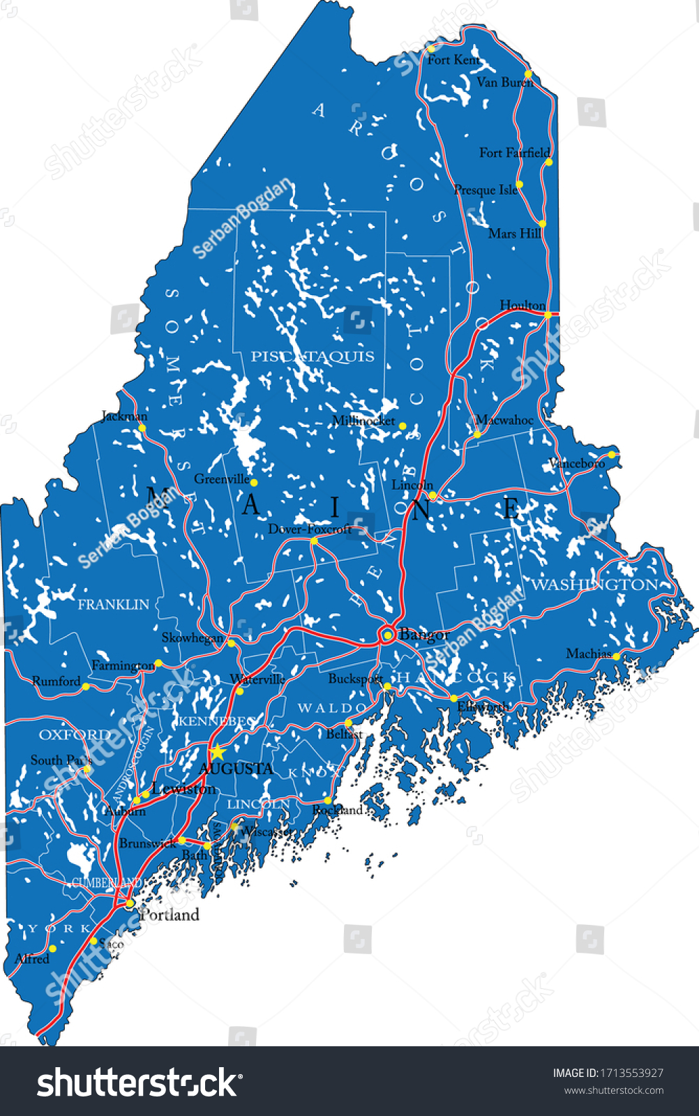 Maine state detailed political map - Royalty Free Stock Vector 