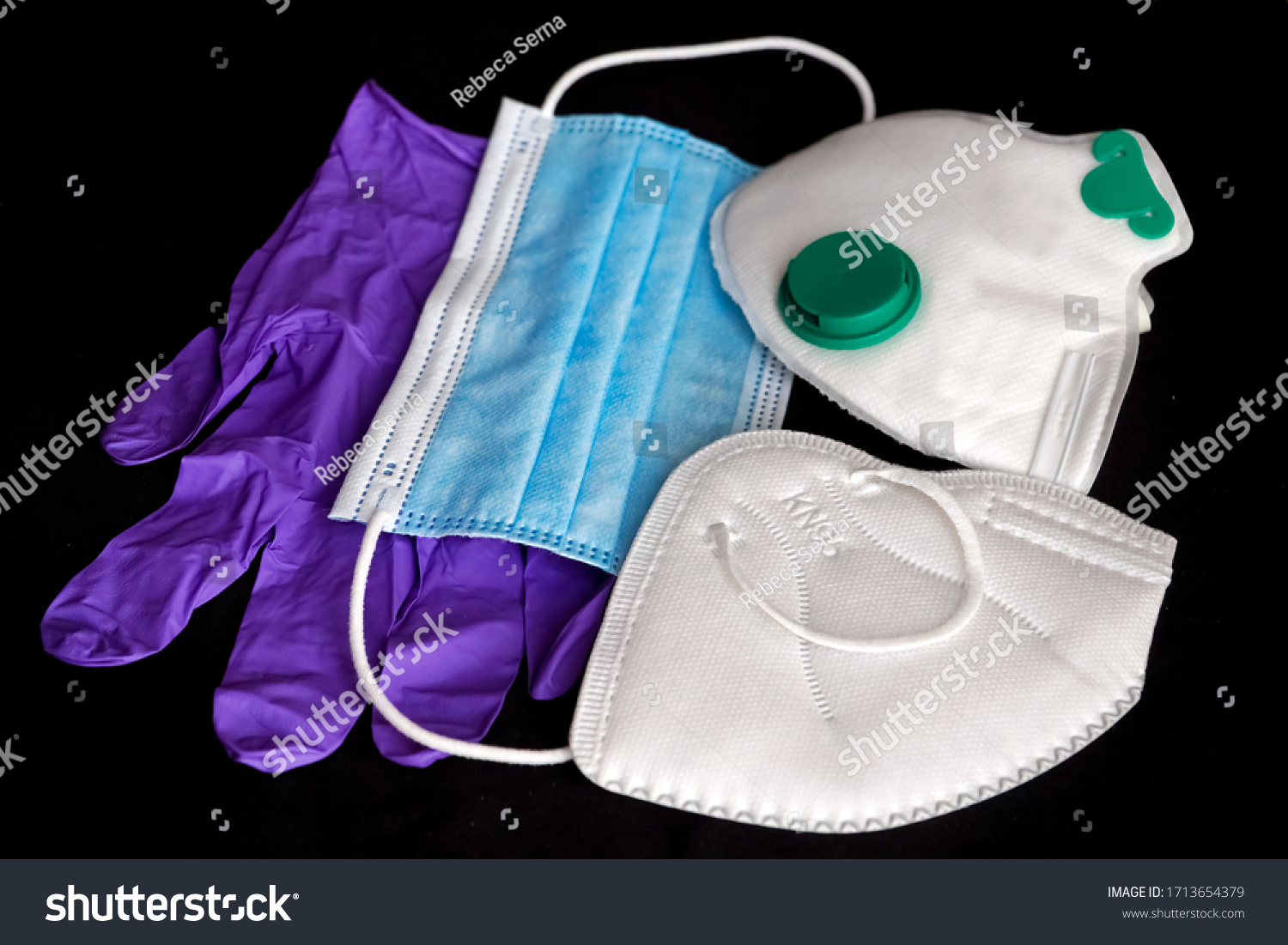 Surgical mask, medical masks FFP2 / FFP3 / N95 / KN95 and gloves for protection against diseases, virus, flu, coronavirus COVID-19. Personal protective equipment PPE. Different types of face mask.  #1713654379