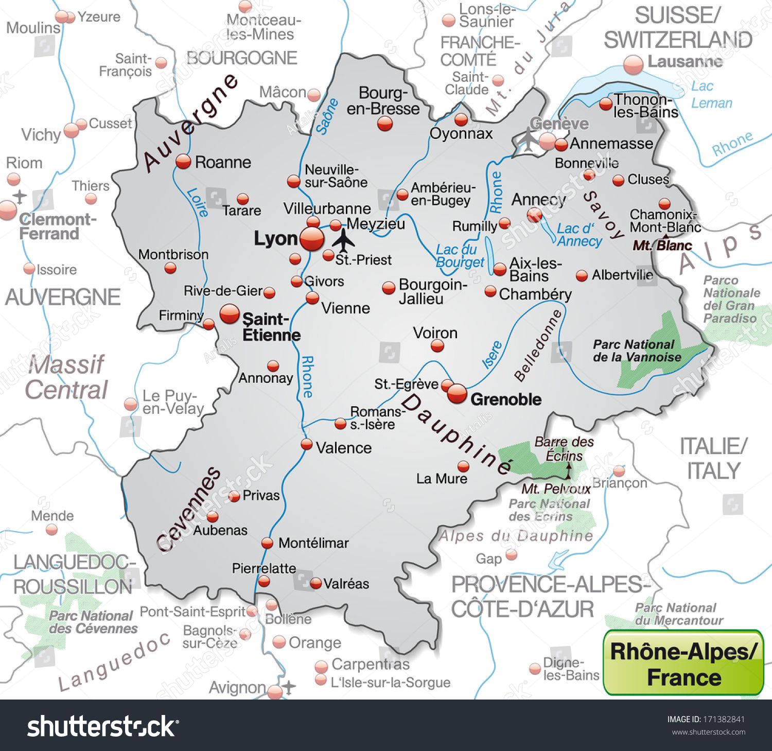 Map of Rhone Alps as an overview map in gray - Royalty Free Stock Photo ...