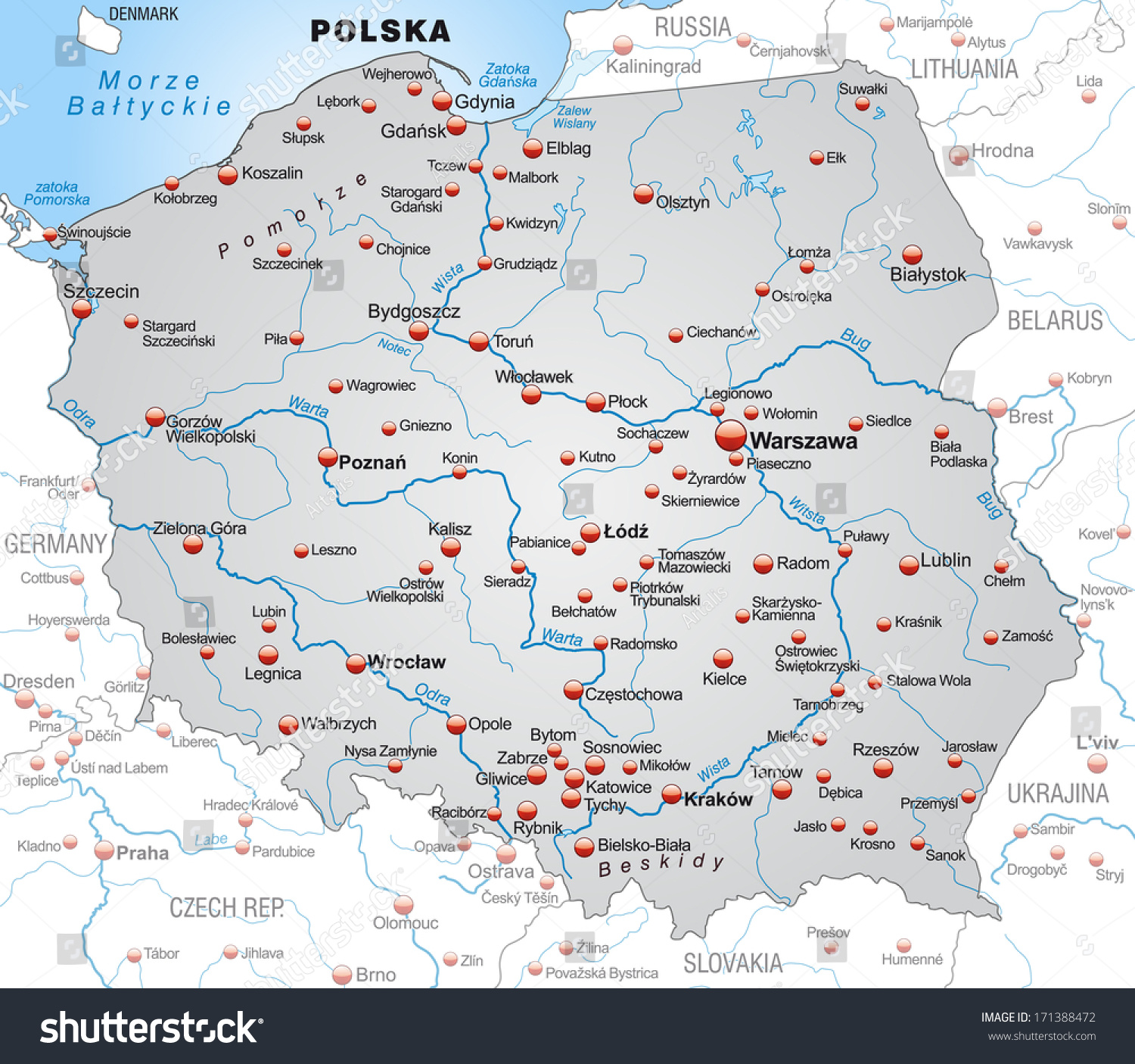 Map of Poland as an overview map in gray - Royalty Free Stock Photo 171388472 - Avopix.com