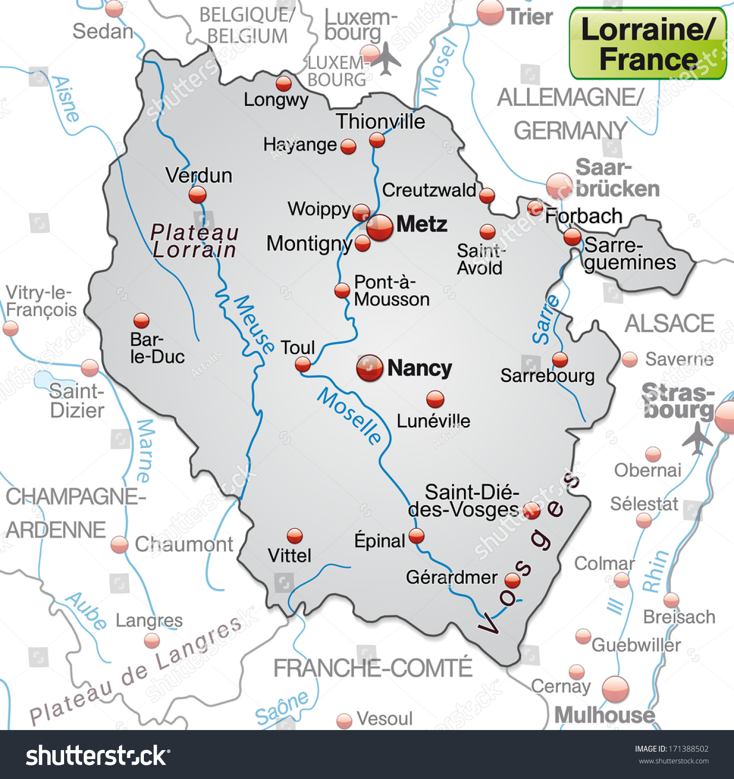 Map Of Lorraine As An Overview Map In Gray - Royalty Free Stock Photo 