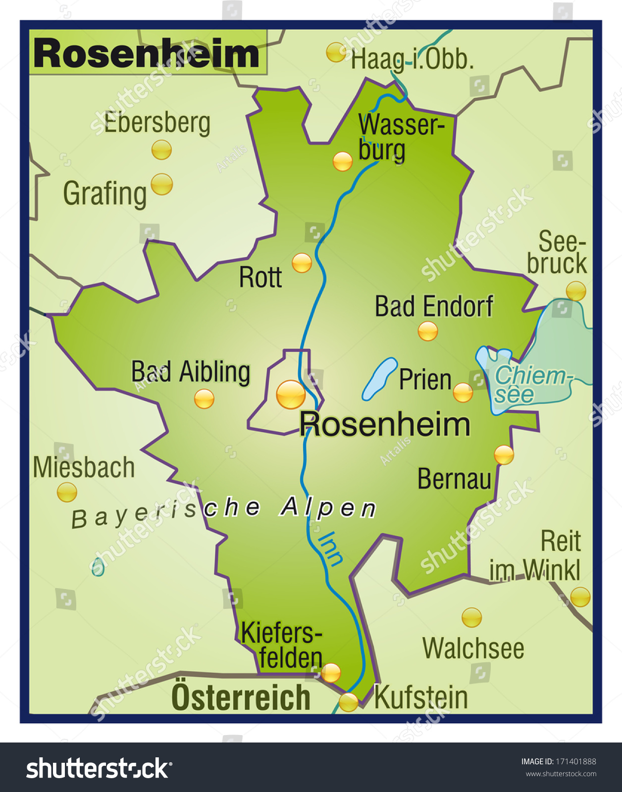 Map of Rosenheim as an overview map in green - Royalty Free Stock Photo 171401888 - Avopix.com