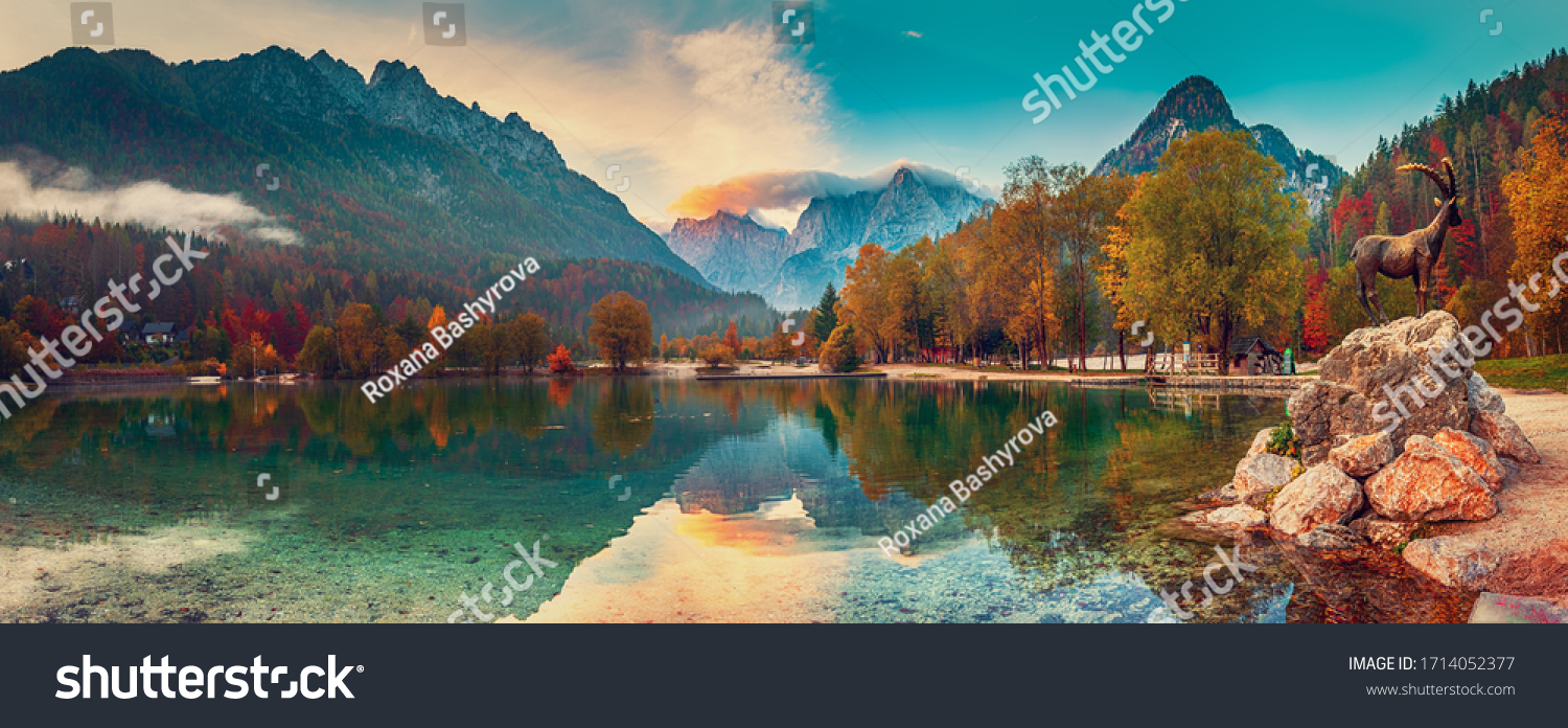 Jasna lake with beautiful reflections of the mountains. Triglav National Park, Slovenia #1714052377