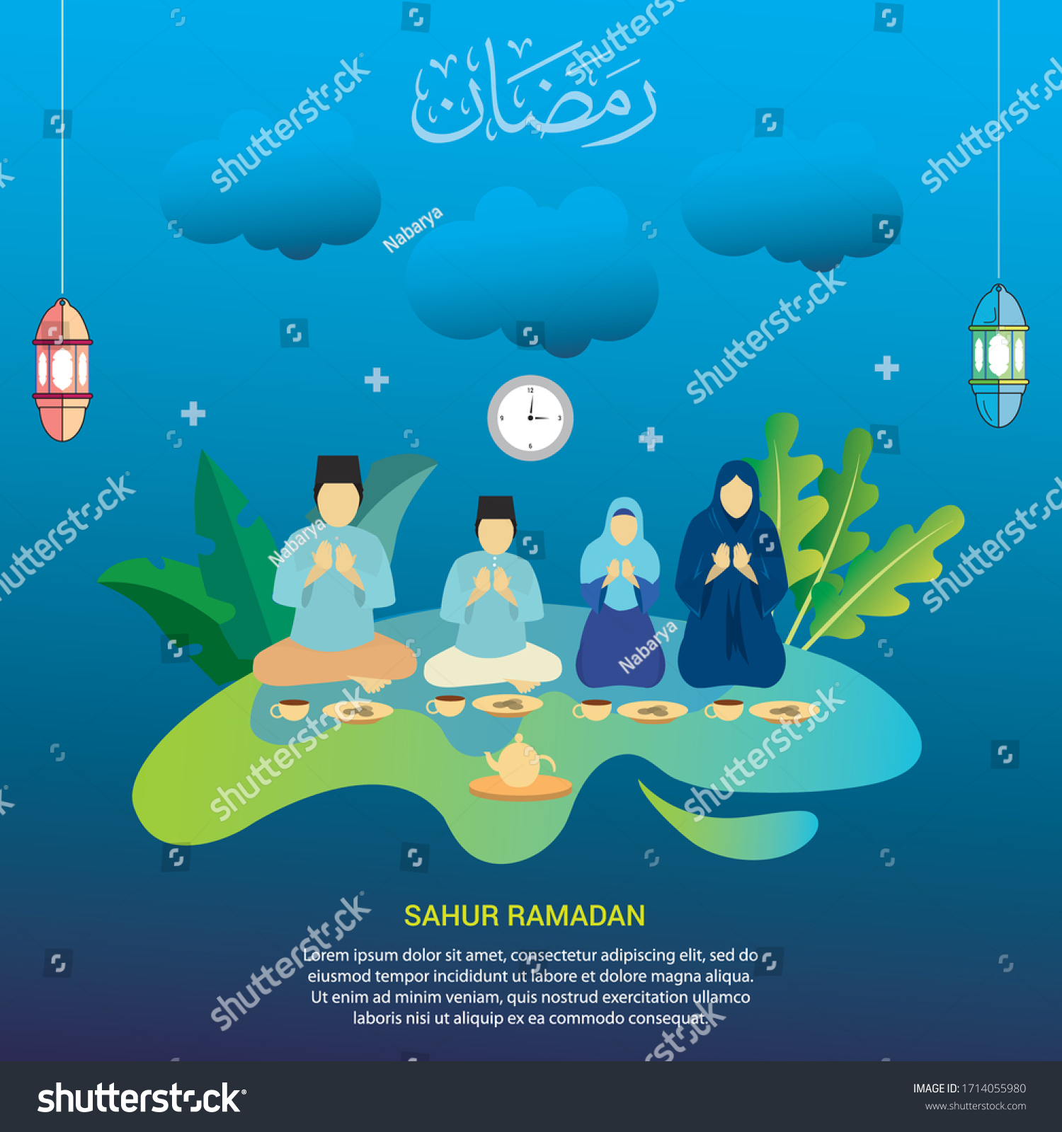 Muslim family praying to Allah together during - Royalty Free Stock ...